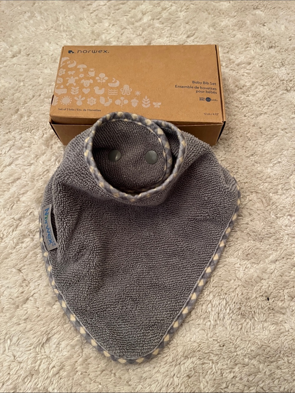 Norwex Gray Terry Bandana Bibs with Patterned Trim
